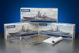 1/350 scale Academy model ship kits featuring battleships and warships with detailed packaging and naval history themes