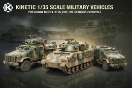 1/35 scale Kinetic military vehicle model kits including MRAP Bradley CFV and RG-31 armored vehicles with tactical green background