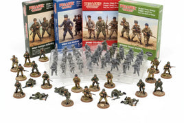 Pegasus Hobbies WWII miniature figures sets including German infantry, US Marines, and modern desert patrol, with painted and unpainted 1/144 scale model soldiers displayed on a white background.