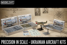 Modelsvit scale model aircraft kits, F-82 Twin Mustang, P-82H Mustang, and decal sheets on display.