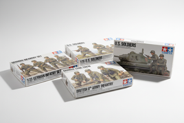 Tamiya 1/35 military figure kit boxes: German infantry, American GIs, British troops, tank crews, WWII soldiers on white