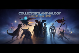 Dramatic sci-fi collection banner with T-Rex, Spinosaurus, Gamera, Cyclops, Dracula, Mummy, Bride of Frankenstein, Metropolis Maria robot, and Vampirella against atmospheric background