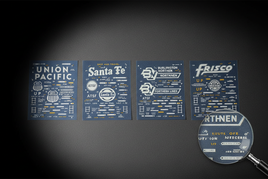 Four model train decal sheets featuring Union Pacific, Santa Fe, Burlington Northern, and Frisco logos with detailed graphics, showcased by MPM Hobbies.