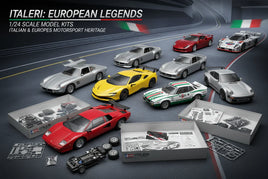 Italeri 1/24 scale model car kits of classic European sports cars on a racetrack, MPM Hobbies