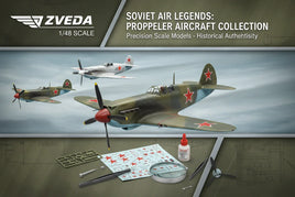 Zvezda 1/48 scale Soviet propeller aircraft model kit box art with assembly tools and decals, MPM Hobbies