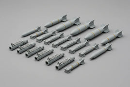 1/72 scale Flying Leathernecks aftermarket aircraft ordnance including LAU-7 missile launchers, GBU JDAM bombs, and Mk-82 Mk-83 bombs with various fin configurations for scale model aircraft