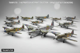 Trumpeter 1/48 scale WWII propeller aircraft model collection with detailed paint and markings