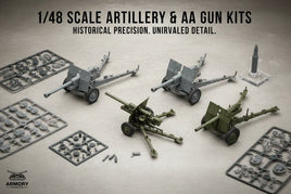 1/48 scale artillery and anti-aircraft gun model kits with sprues, Armory brand, MPM Hobbies