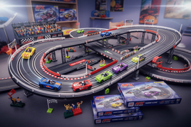 Dynamic AFX HO scale slot car racing set with colorful race cars on curved track featuring banked turns and racing action
