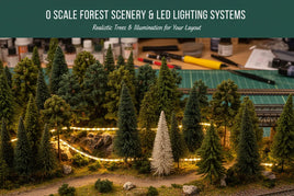 O scale forest scenery with LED lighting system for realistic model train layouts at MPM Hobbies