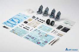 1/32 scale Art Scale aircraft aftermarket parts including painting masks, resin seat sets, photo-etched brass, wheels, decals and detail upgrades on white background