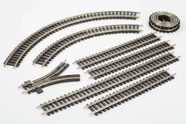 Model train track set with straight, curved, and switch tracks on white background from MPM Hobbies