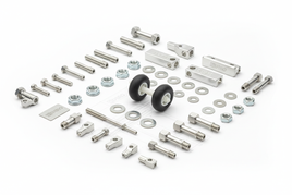 Model hardware kit with metal bolts, nuts, washers, axles, and two small wheels from MPM Hobbies
