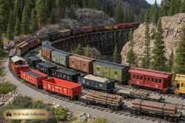 On30 scale model train set with detailed freight cars and trestle bridge in a mountain scene