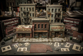 O scale urban model kits with detailed miniature buildings, storefronts, and assembly parts, Downtown Deco, MPM Hobbies.