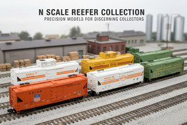 N scale reefer model train cars in various colors on tracks, with warehouse and cargo background, MPM Hobbies collection
