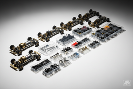 AFX slot car racing accessories including MEGA G+ rolling chassis, pit kits, and tune-up kits displayed on white surface with professional lighting
