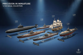 1/144 scale model ships collection featuring detailed submarines, WWII U-boats, and sailing vessels with precision parts and authentic naval details