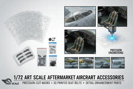 Art scale 1/72 aftermarket aircraft accessories with precision-cut masks, 3D printed seat belts, and detail parts for model airplanes, MPM Hobbies.