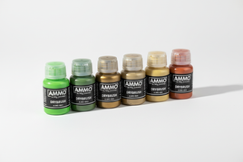 AMMO by Mig Jimenez drybrush paint set with six bottles in various colors for model painting