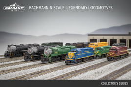 Professional display of N scale Bachmann model train locomotives including detailed steam and diesel engines in authentic railroad liveries on realistic track