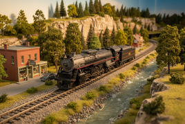 S scale model railroad layout with steam locomotive, detailed track, miniature scenery, and structures at MPM Hobbies