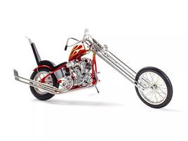 Red and chrome chopper motorcycle model with extended front forks and flame-painted gas tank