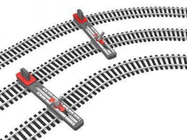 HO scale model train track accessories showing curved tracks with red and grey detailed switch mechanisms