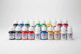 Tamiya acrylic paint bottles assorted colors lined up, model hobby supplies from MPM Hobbies