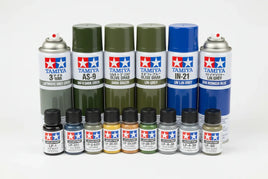 Tamiya lacquer paint spray cans and bottles in various colors, available at MPM Hobbies.