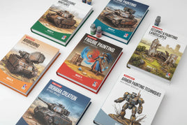 Vallejo modeling and painting books for miniatures and dioramas on white table at MPM Hobbies