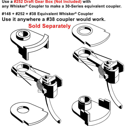 144 HO Scale 140-Series Whisker® Metal Couplers with Gearboxes - Short (1/4") Underset Shank