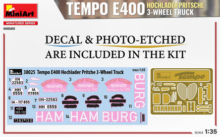 1/35 Mini Art - Tempo E400 Hochlader Pritsche 3-Wheel Truck - 38025
