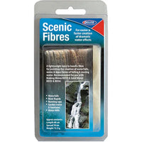 Packaging of Scenic Fibres for creating water effects with text and images on a white background.