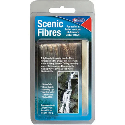 Packaging of Scenic Fibres for creating water effects with text and images on a white background.