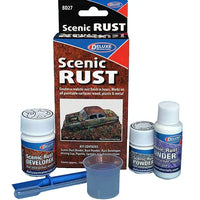 Scenic Rust kit with packaging, bottles, and tools on a white background