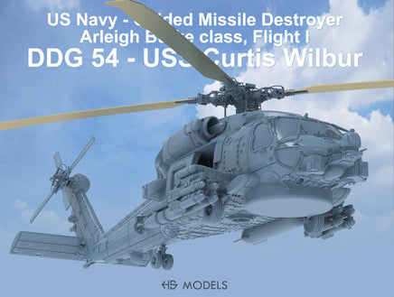 Model helicopter with text about US Navy ship USS Curtis Wilbur against a blue sky.