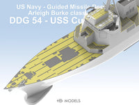 Model of a US Navy guided missile destroyer Arleigh Burke class with text indicating DDG 54 - USS C