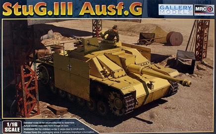 Model of a StuG III Ausf G tank with a desert landscape background, featuring Gallery Models branding.