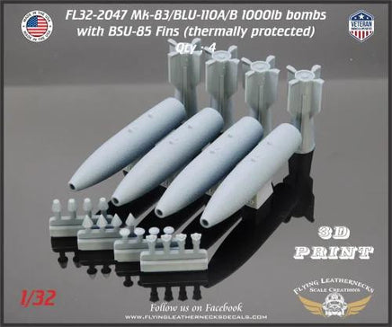 Four 1/32 scale Flying Leathernecks thermally protected Mk-83/BLU-110 1000lb bombs with BSU-85 fins, M904 fuses, TDD devices, and nose plugs
