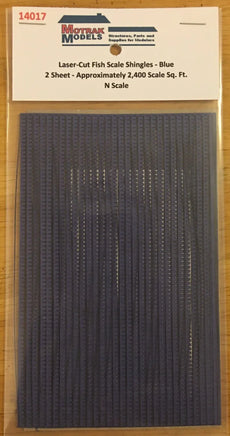 Packaging of Mottram Models N scale fish scale shingles on a wooden surface