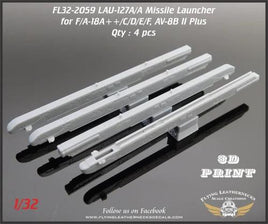 Four gray resin LAU-127A/A missile launcher rails for 1/32 scale aircraft, designed to carry AIM-9M/X Sidewinder and AIM-120 AMRAAM missiles on white background
