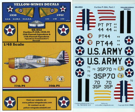 Yellow-Wings Decals for Curtiss P-36A with U.S. Army and American flag graphics.