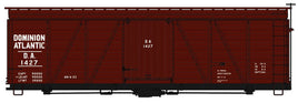 Model of a red boxcar with 'Dominion Atlantic' branding on a white background