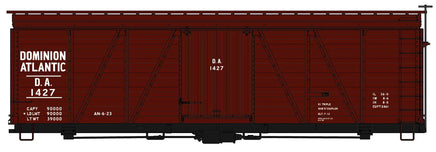 Model of a red boxcar with 'Dominion Atlantic' branding on a white background