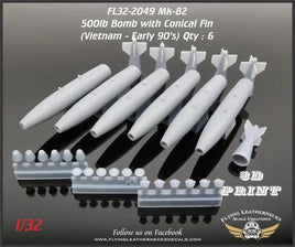 Six 1/32 scale Mk-82 500lb bombs with conical fins, M904 fuzes, MXU-735 nose plugs, and Mk-43 TDD proximity sensors by Flying Leathernecks
