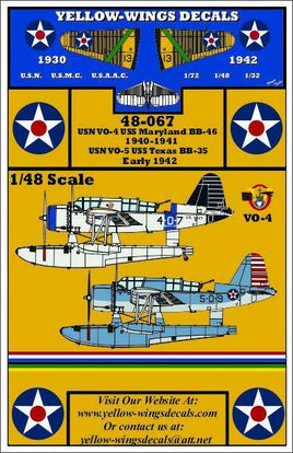 Yellow-Wings Decals for USN VO-4 USS Maryland BB-16 and USS Texas BB-35 with scale information and contact details.