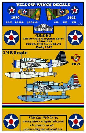 Yellow-Wings Decals for USN VO-4 USS Maryland BB-16 and USS Texas BB-35 with scale information and contact details.