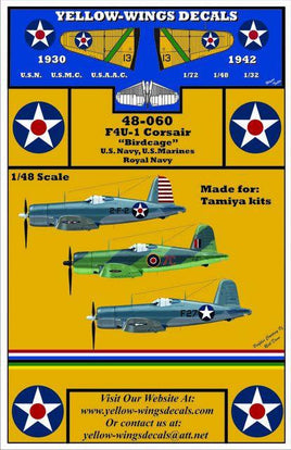 Yellow-Wings Decals product sheet for F4U-1 Corsair model kit with airplane illustrations and text.