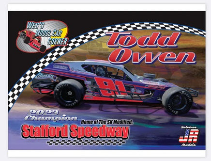 Promotional card for Todd Owen featuring a race car with the number 91, set against a checkered pattern.